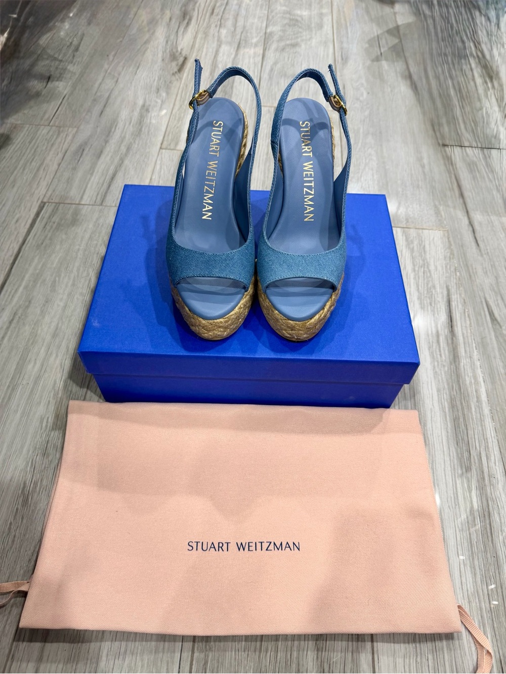 Stuart Weitzman Blue Denim Peep Toe Espadrille Wedge Slingback Sandals - Picture 3 of 6